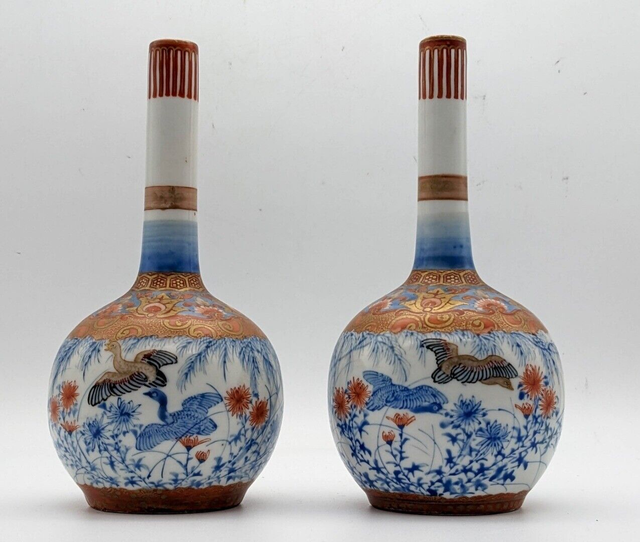 Antique Pair of Japanese Kutani Meiji Period Bottle Vases