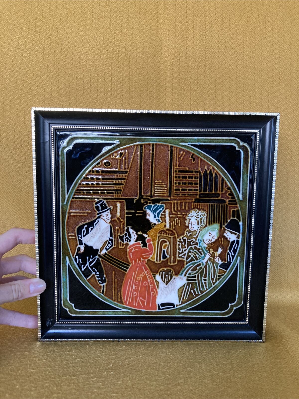 Maw & Co Bar Scene Tile With a Wooden Surrund Frame Black and Gold 1974+