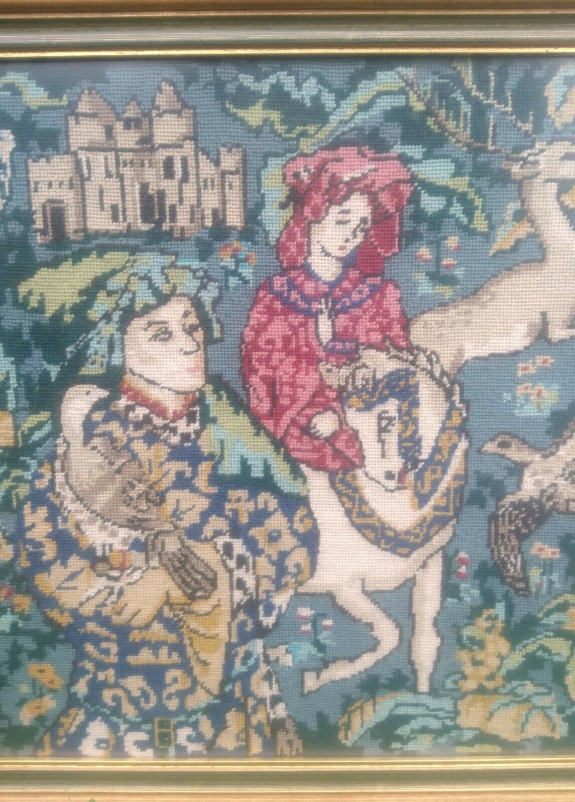 Vintage Framed Wool Tapestry. Medieval Scene.
