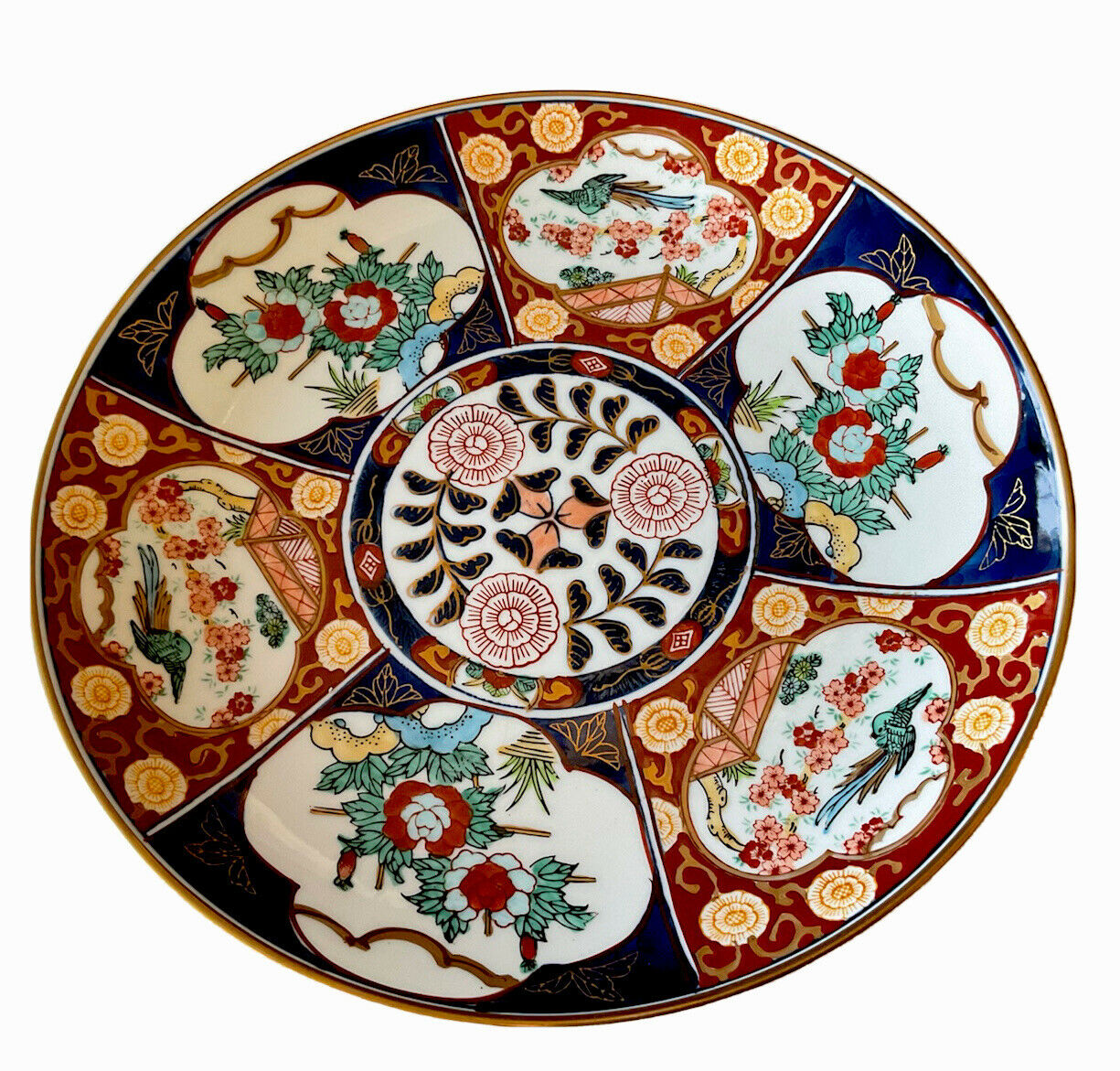 Japanese Gold Imari Handpainted Red Blue Charger Plate 12" - Wall Hang Ready