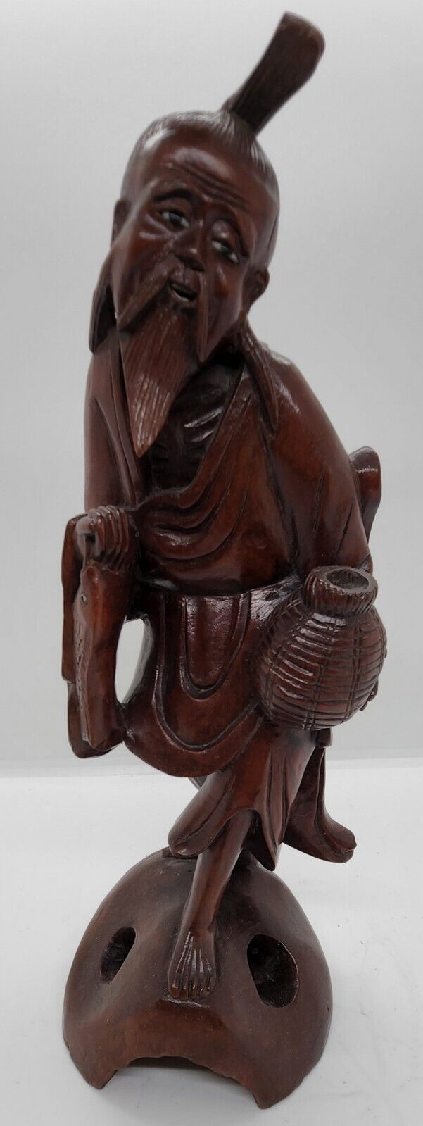 Chinese Wood Hand Carved Fisherman Figurine Fish Old Man Statue Sculpture 10"