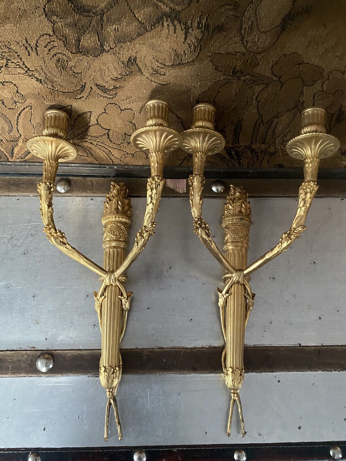 One Pair Of Gilt Bronze Wall Light Sconces Flame Leaf Decoration Empire Style