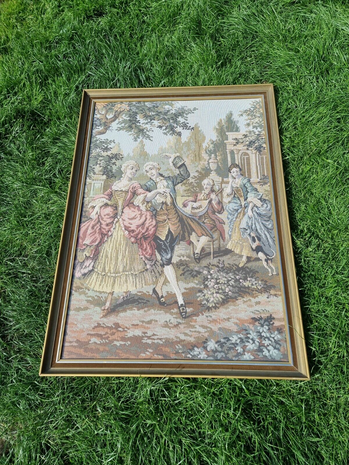 Vintage Framed French Wall Hanging Tapestry Romantic Scene 107 cm x 77 cm