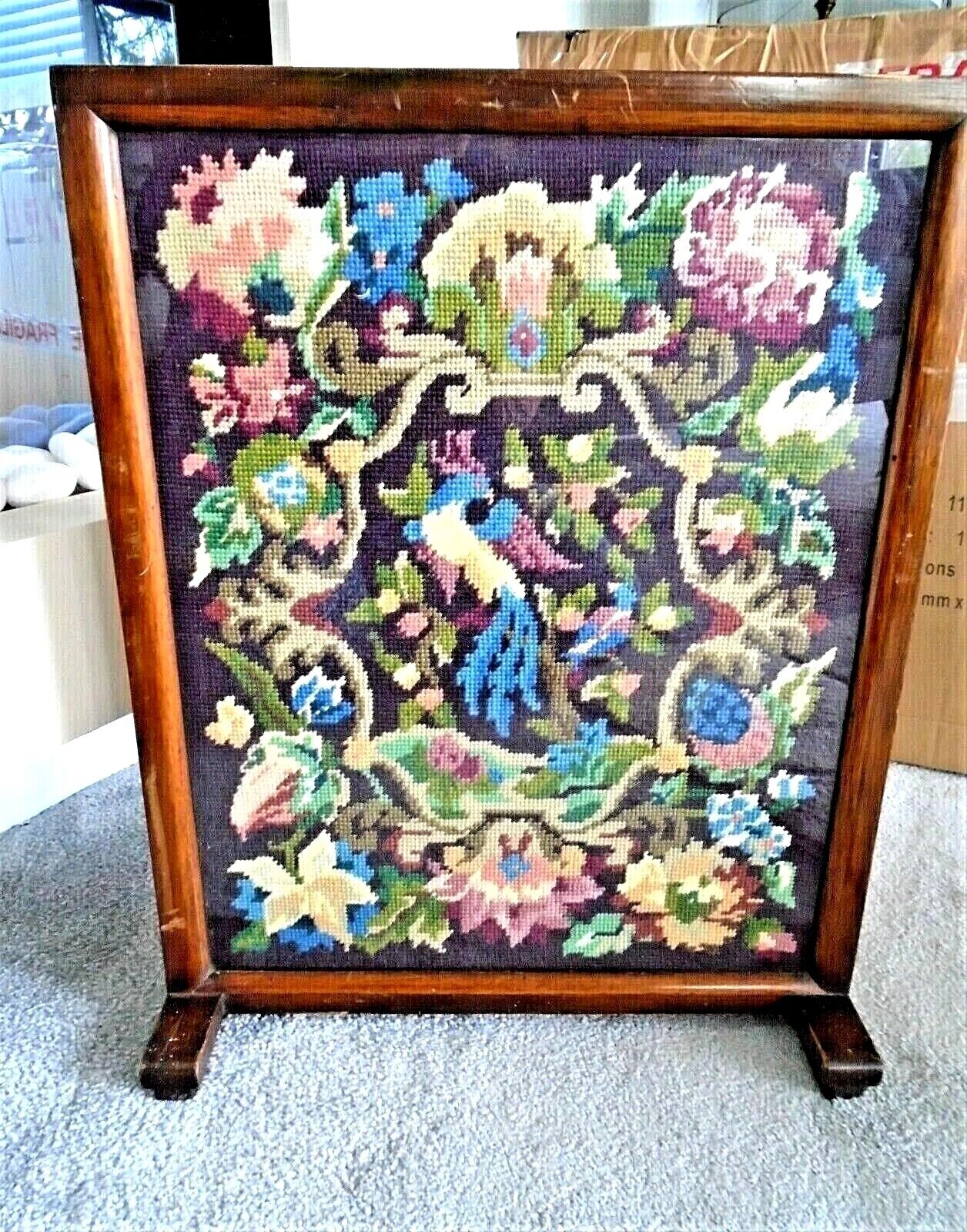 Vintage mid century tapestry glazed oak fire screen, 54 cm high x 43 cm wide