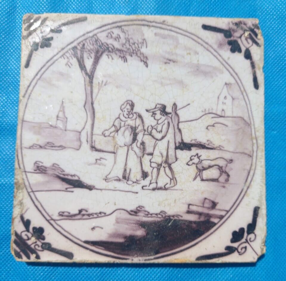 Antique early 18 century hand painted ENGLISH Delft tile. Woman, hunter, dog.