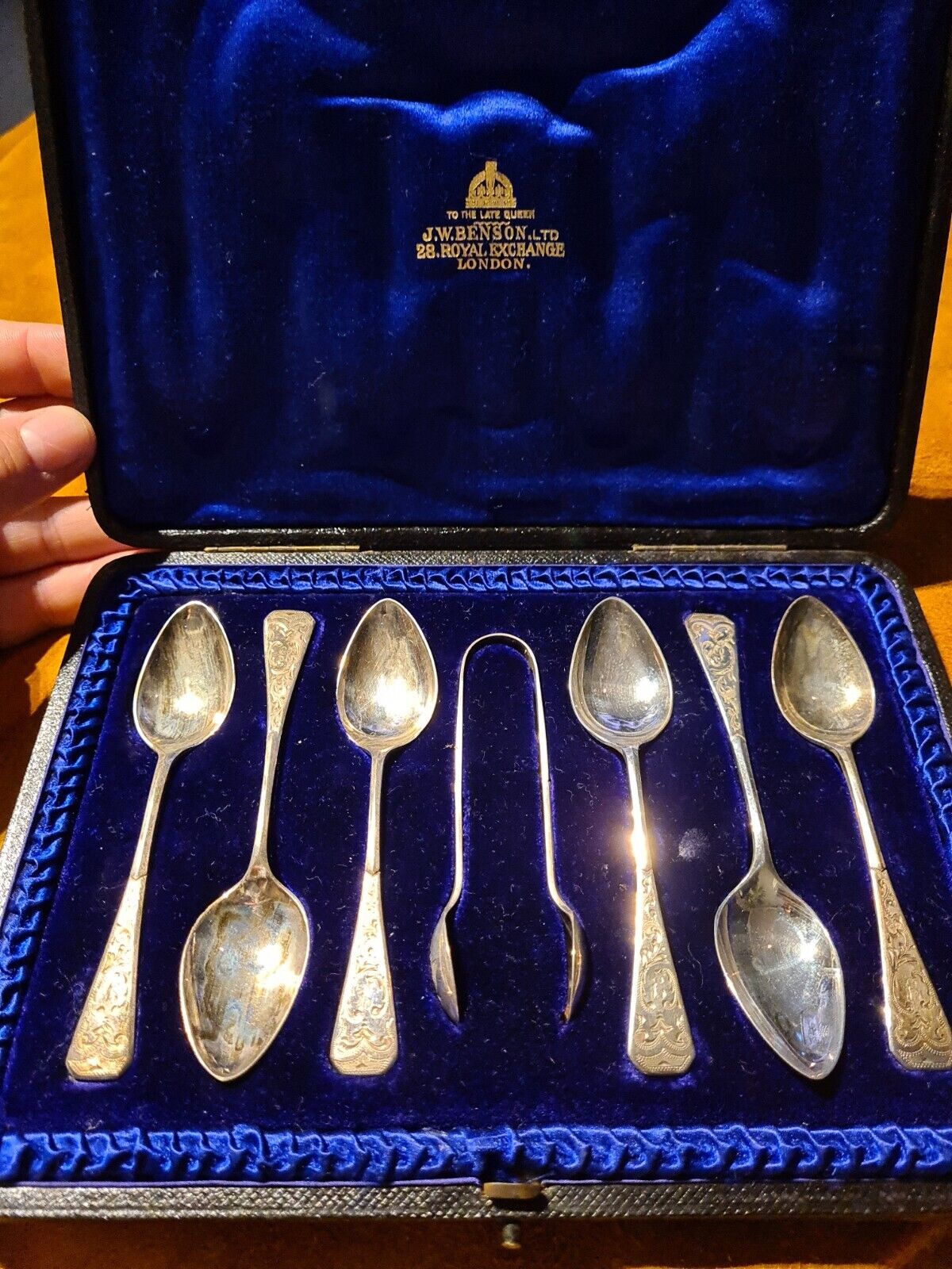 J.W.Benson LTD Hallmarked Silver Teaspoon Set of 6 Spoons and One Tongs Vintage