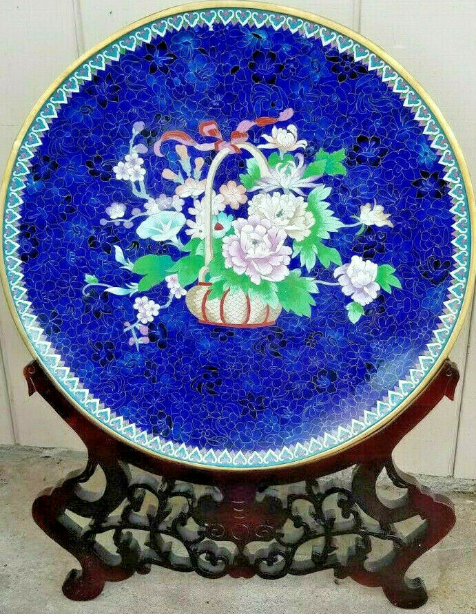 Japanese Cloisonne Charger, Meiji/Edo Era, Blue Enamel and Brass, Flower Basket