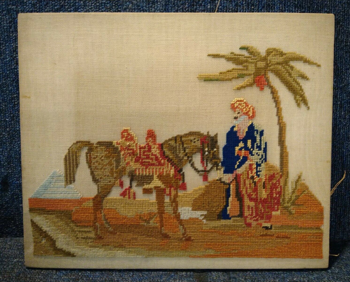 Antique Victorian Needlework Picture Desert Pyramid Horse Magi Traveller