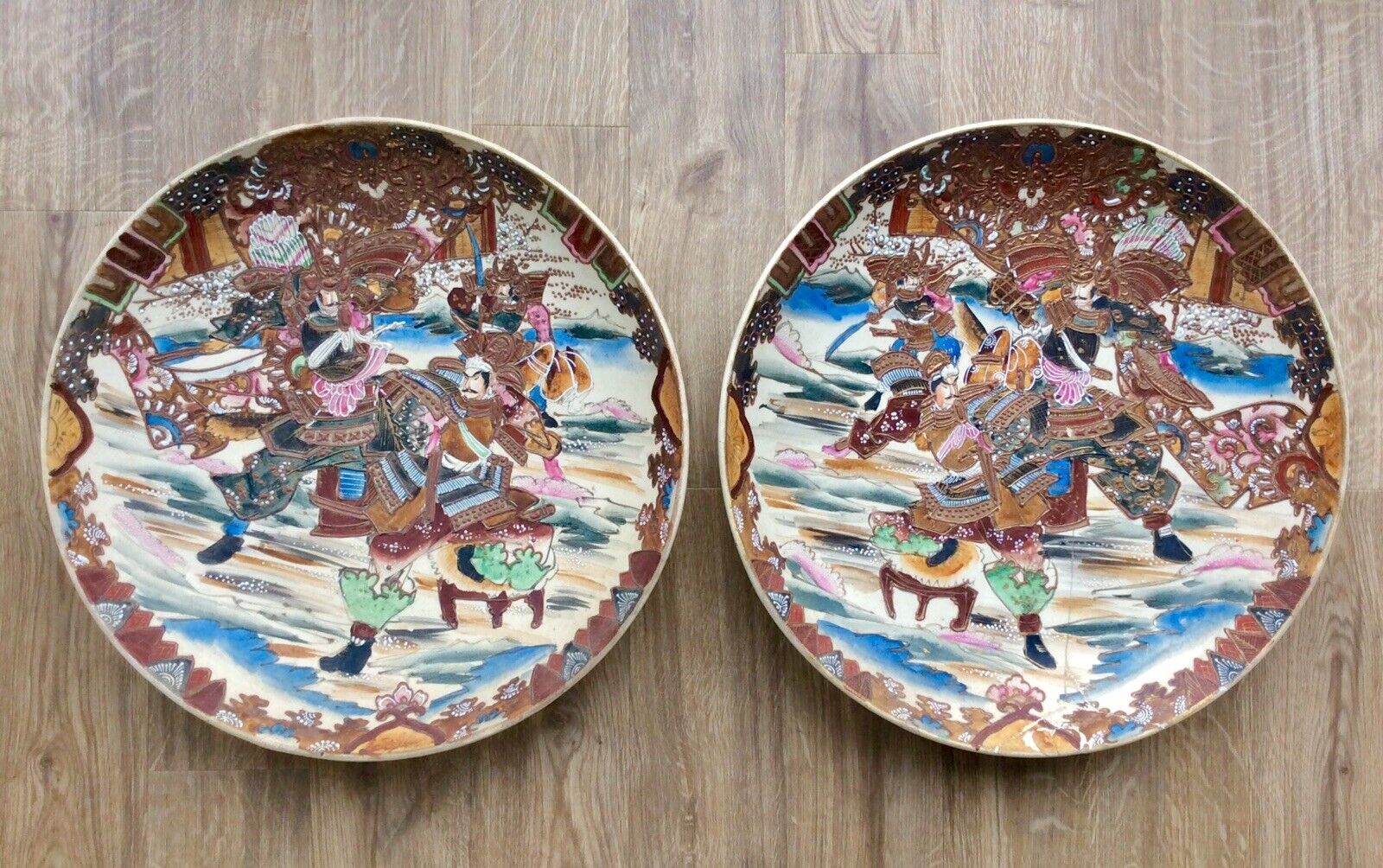 Impressive pair of antique Japanese satsuma 15" chargers/ wall plates, Meiji