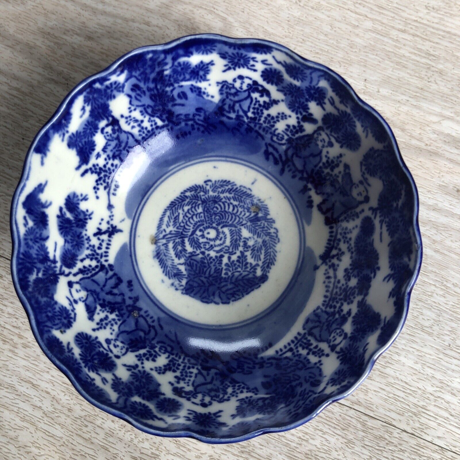 Antique Japanese scalloped Rim Blue And White Dish Bowl Meiji Period