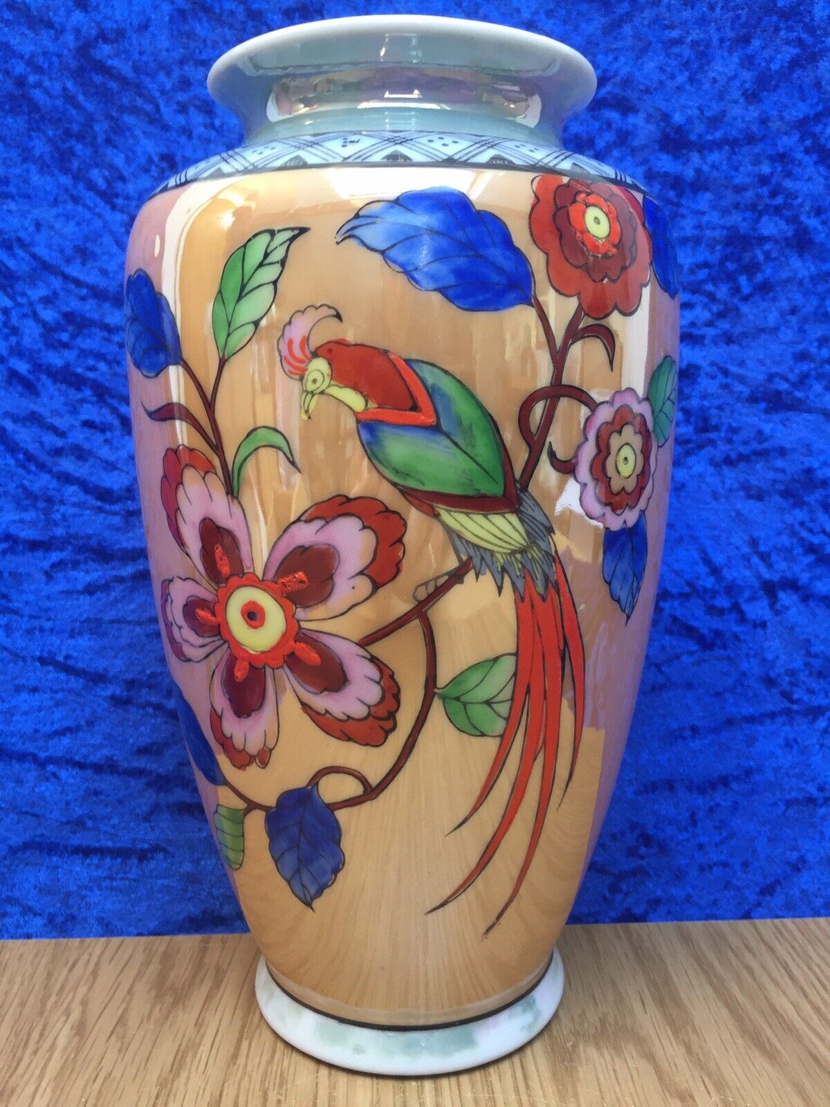 Japanese Chikaramachi, Hand Painted Bird & Floral 9.5' Lustre Vase c.1930's A/F