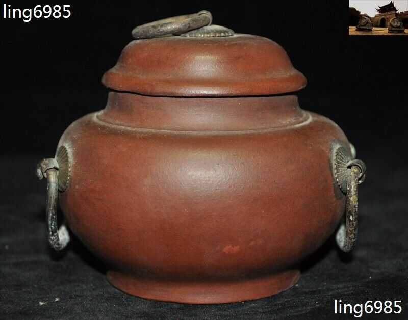 4"China bronze Yixing Zisha Pottery Handmade Storage Tanks Pot Crock Tea Caddies
