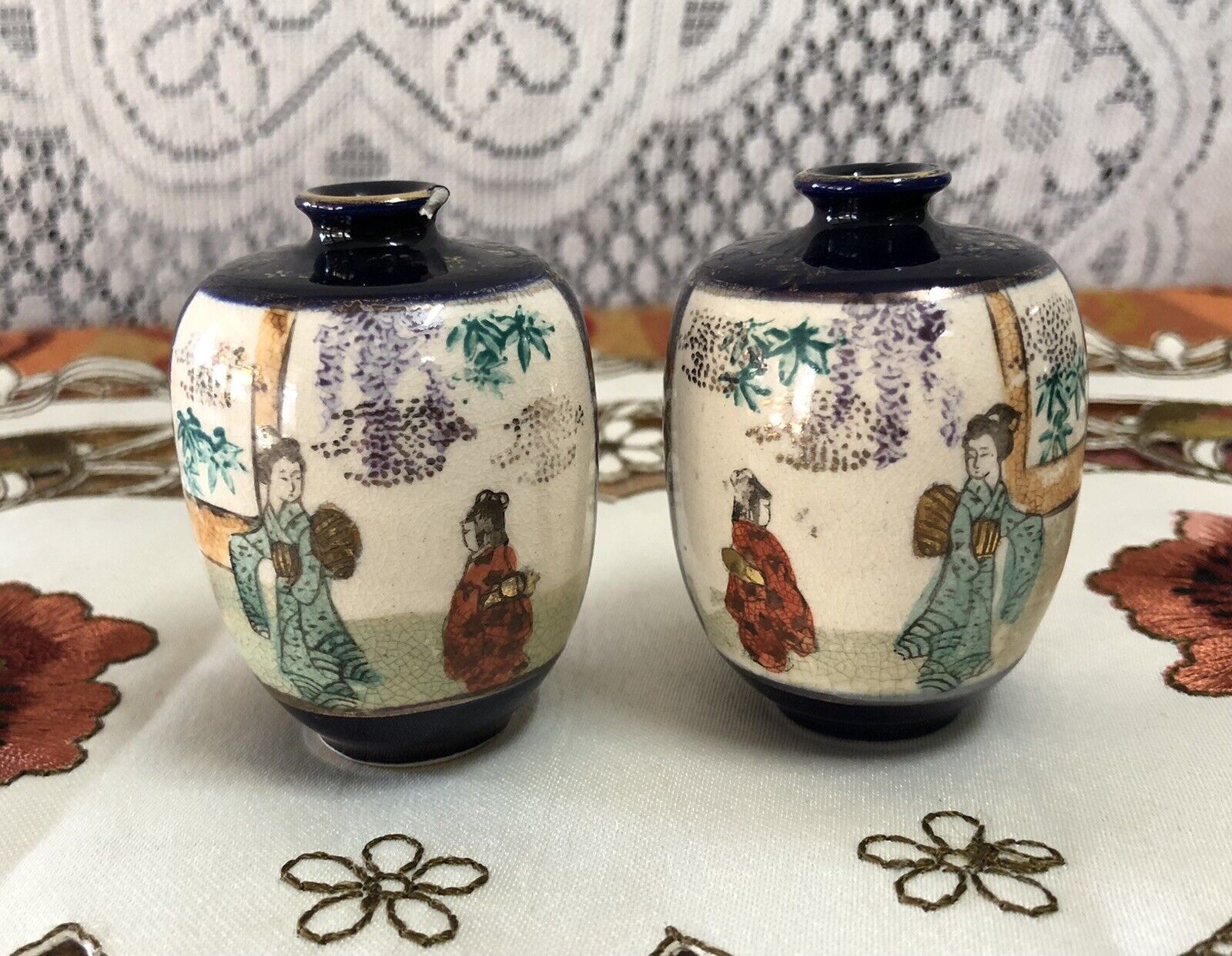 Antique PAIR Japanese SATSUMA MiniaturePainted Vases MEIJI Period COBALT BLUE AF