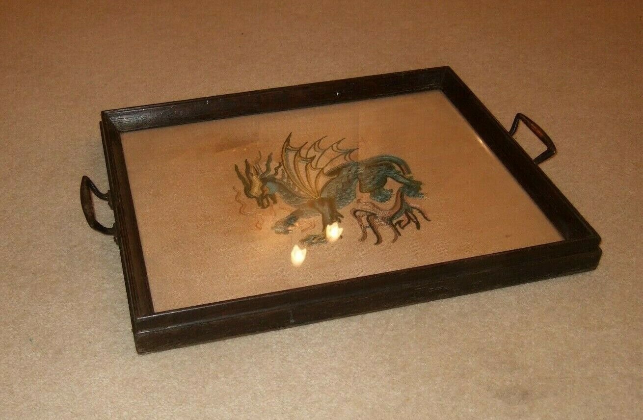 ANTIQUE WOODEN SERVING TRAY GLASS TOP WITH TAPESTRY DRAGON 15 by 13"