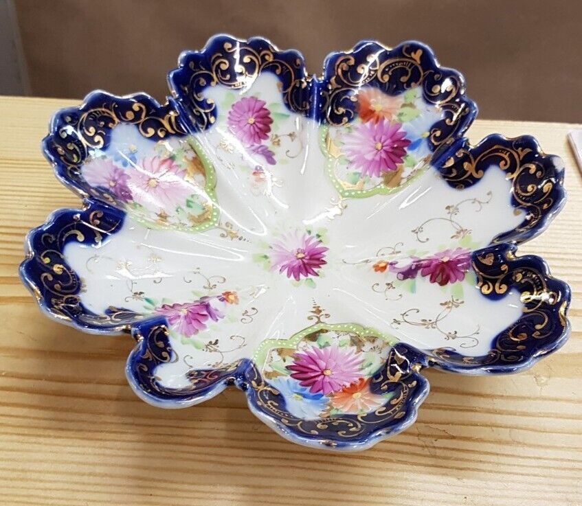 Antique Nippon Fluted Porcelain Bowl With Hand Painted  flower decoration.