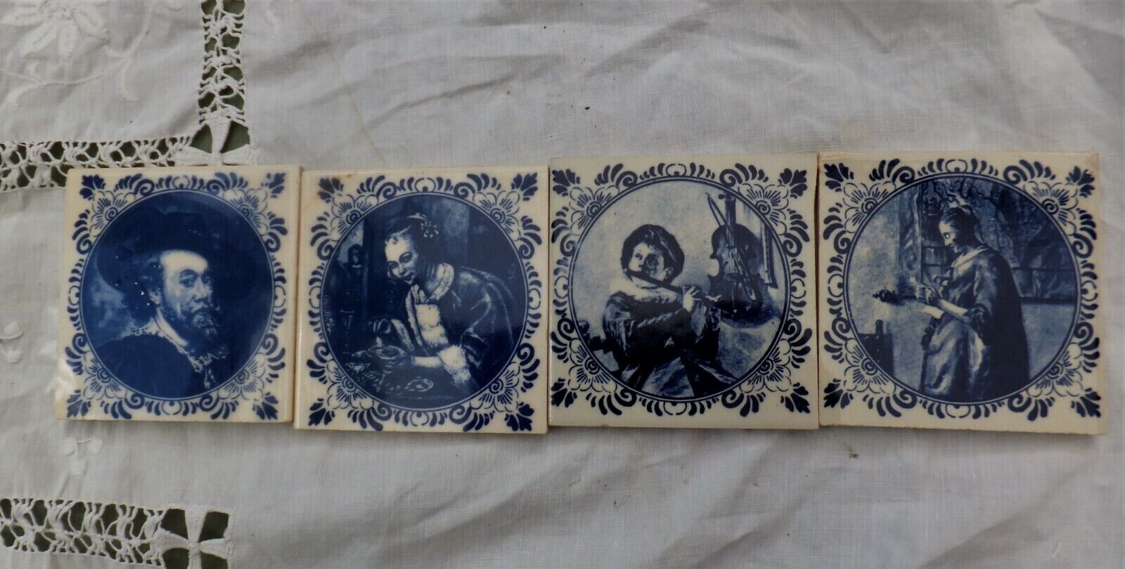 Antique Delft 4 Small Tiles Famous Dutch Artists Work Blue Made in Holland