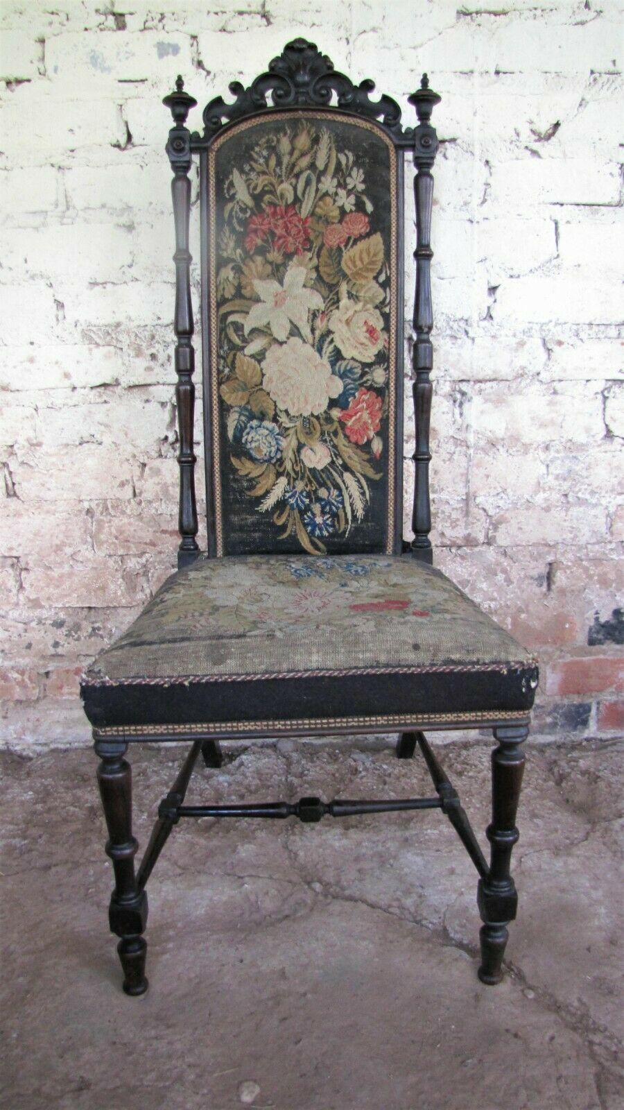 Antique hall chair with tapestry seat and back