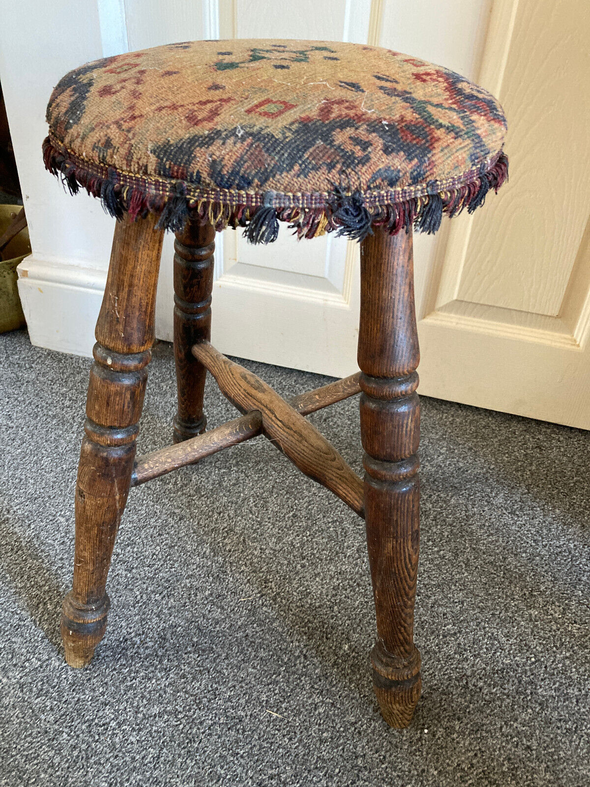 Victorian Oak Stool Turned Legs & Stretchers Tapestry Upholstery Piano Stool