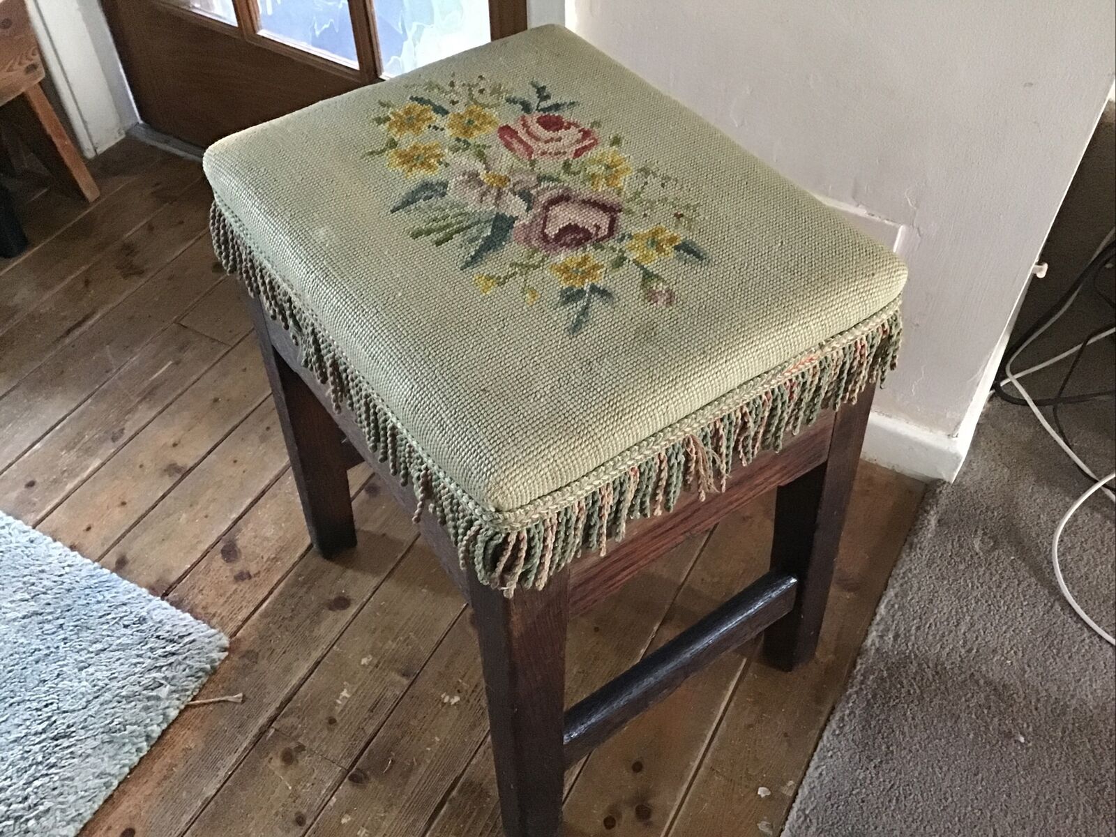 Vintage  Wooden Oak ? Footstool  . Very Solid and Rustic Floral Tapestry Top.