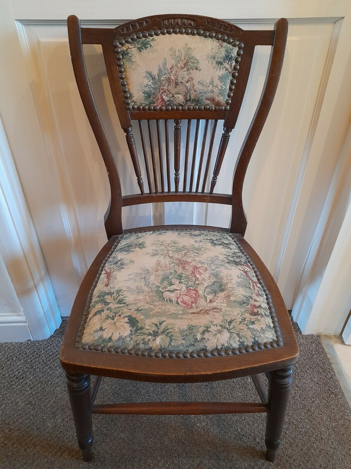 Antique Victorian Edwardian Small Tapestry Spindle Back Chair