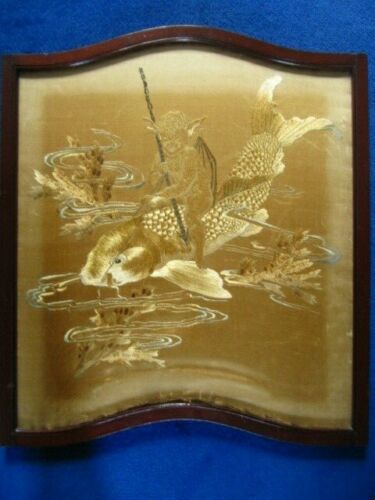 Antique Valuations: An exquisite antique gold silk embriodery of a "A water baby riding a koi carp"