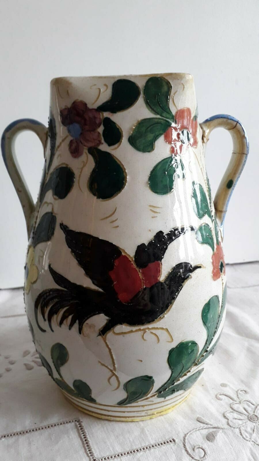 Antique Valuations: Antique Italian Majolica Sgraffito Handled Footed Vase c.1800's  RARE