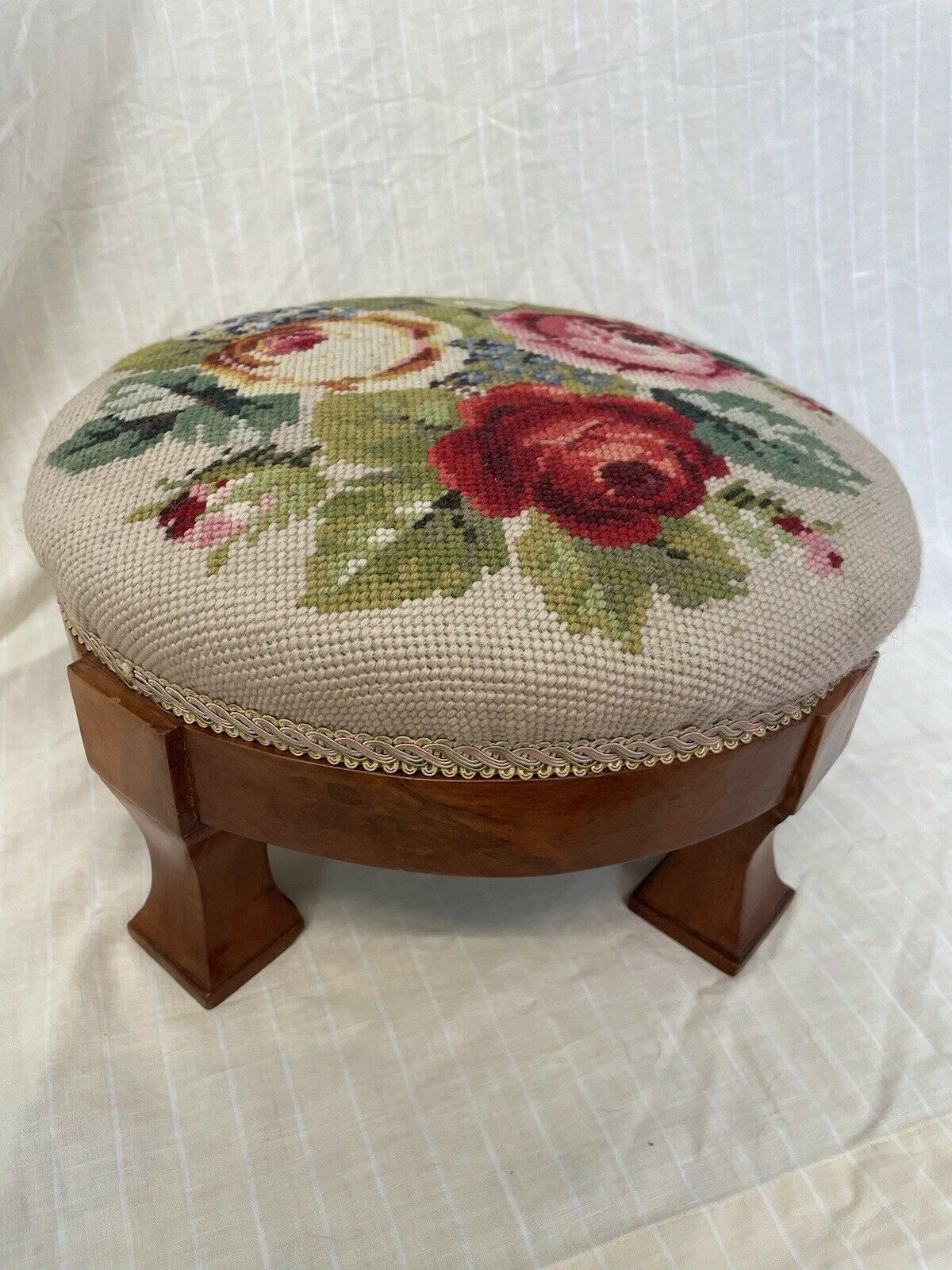 Antique Valuations: Vintage Embroidery Roses Design Foot Rest Stool Tapestry.