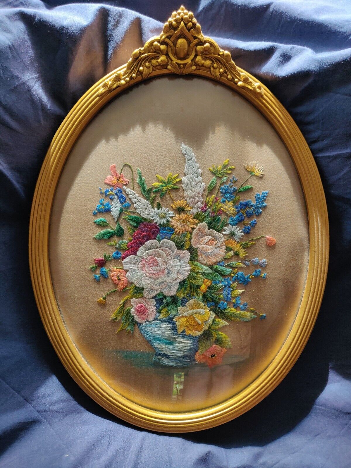 Antique Valuations: Antique Silk Embroidery in Domed Glass Frame (Possibly Victorian) 