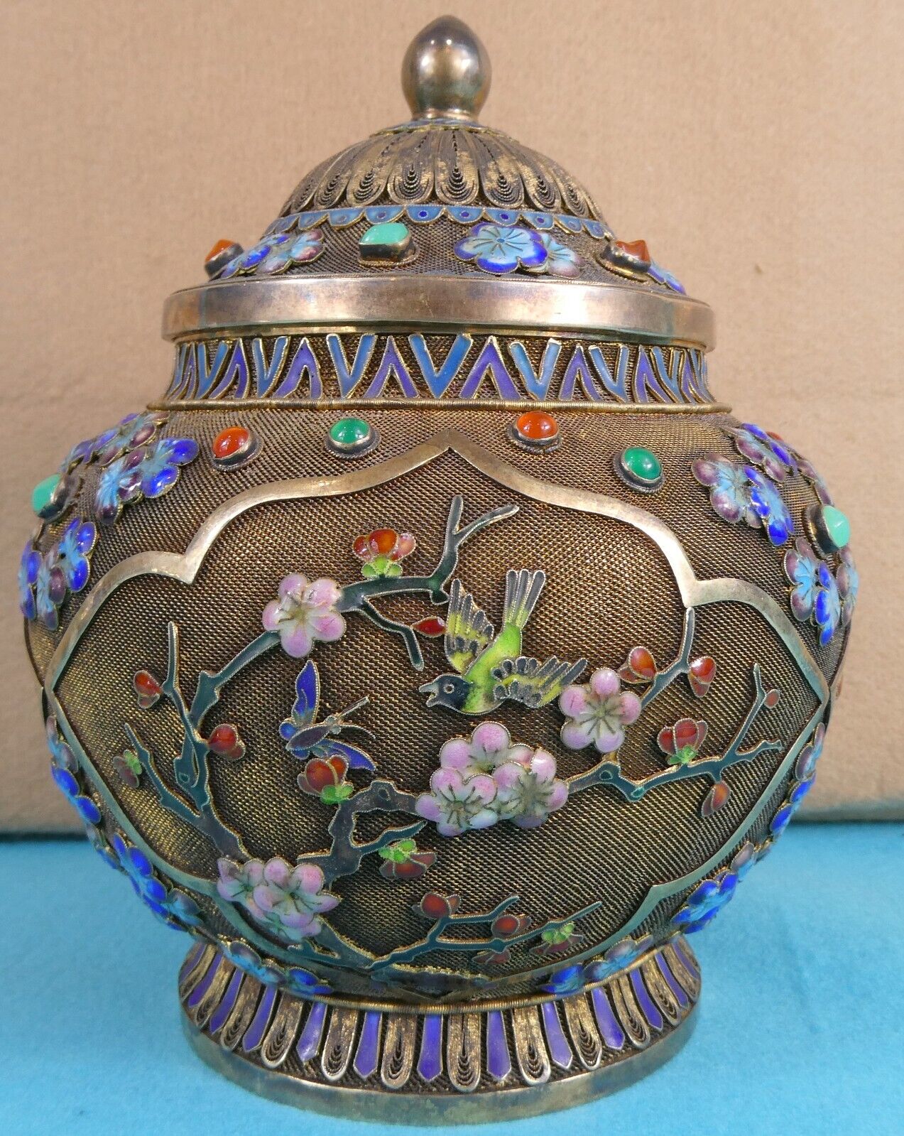 Antique Valuations: Chinese Sterling Silver Gilt Enamel Tea Caddy Box Filigree Bird Butterfly Flower
