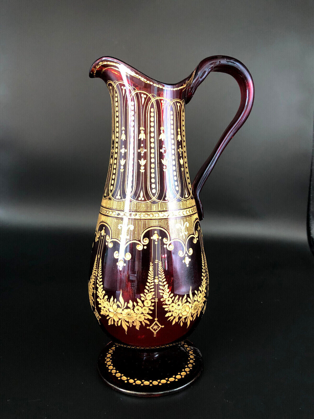 Antique Valuations: Antique Bohemian Ruby Flashed Art Glass Hand Engraved 24k Gold Gilding Pitcher