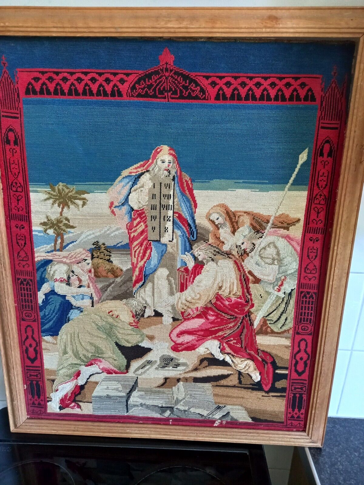 Antique Valuations: Vintage tapestry needle point Moses