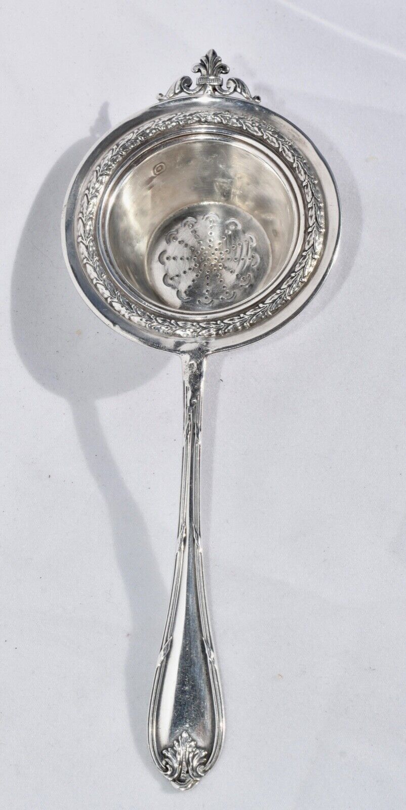 Antique Valuations: Antique French 950 Sterling Silver Tea Strainer Spoon - Laurel & Fleur de Lys