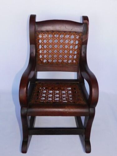 Antique Valuations: Antique Civil War Era 1866 Child's Wood Rocking Chair Cane Seat/Back Dolls, Bear