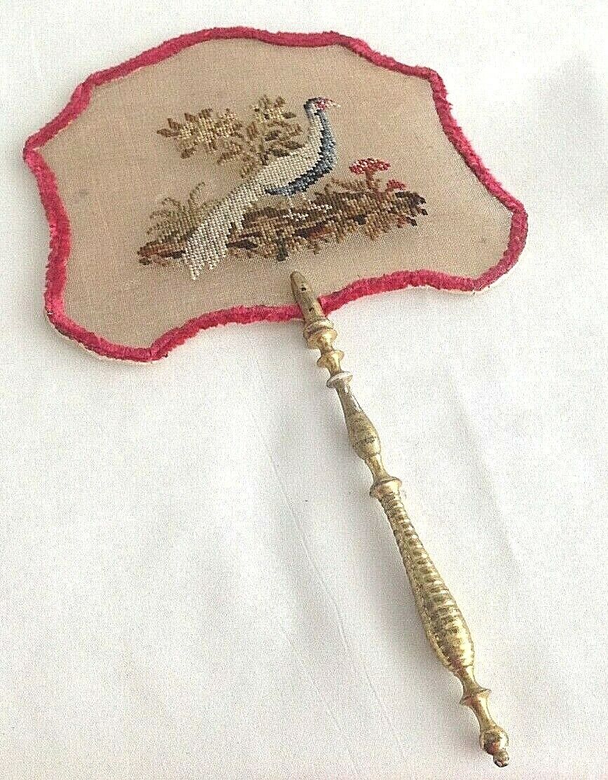 Antique Valuations: Antique needlepoint embroidered tapestry face screen pheasant bird carved handle