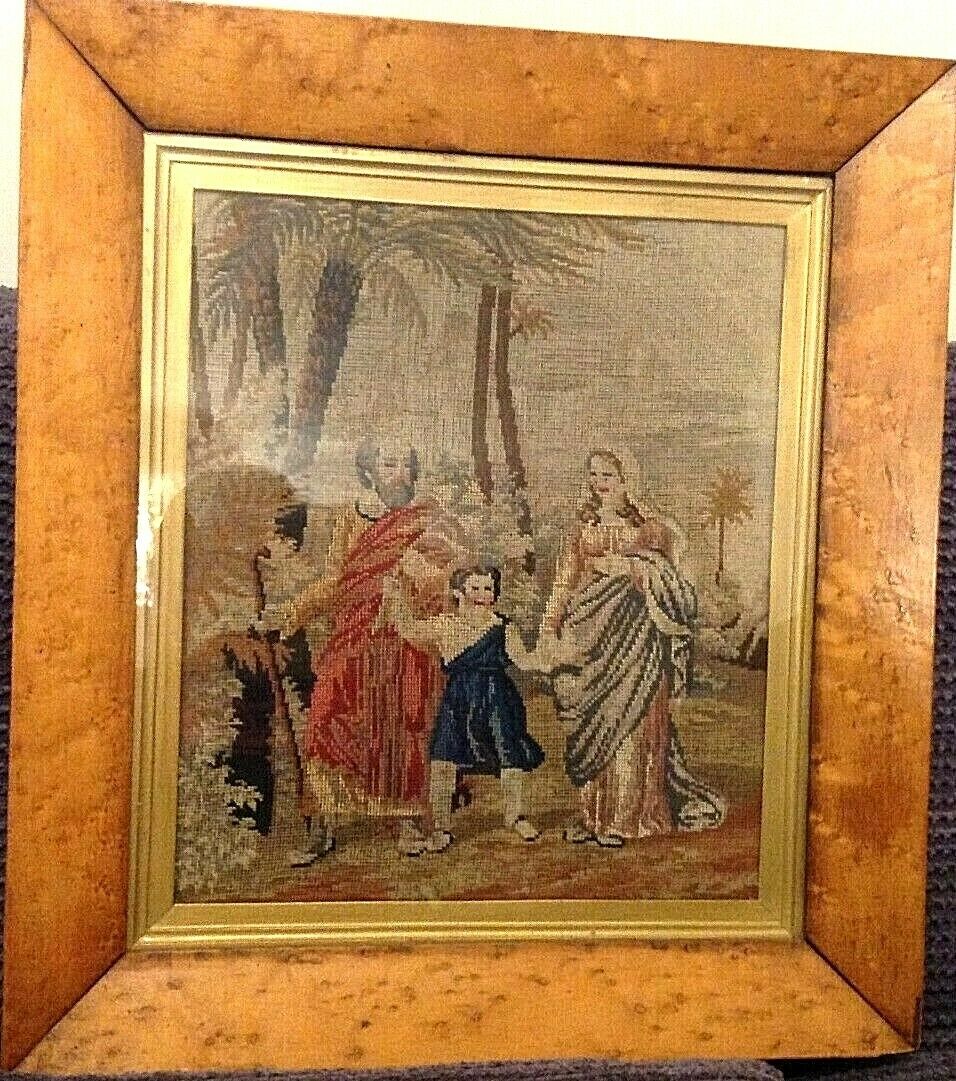 Antique Valuations: Antique Victorian Missionary needlepoint Embroidery Holy family Burrwood frame