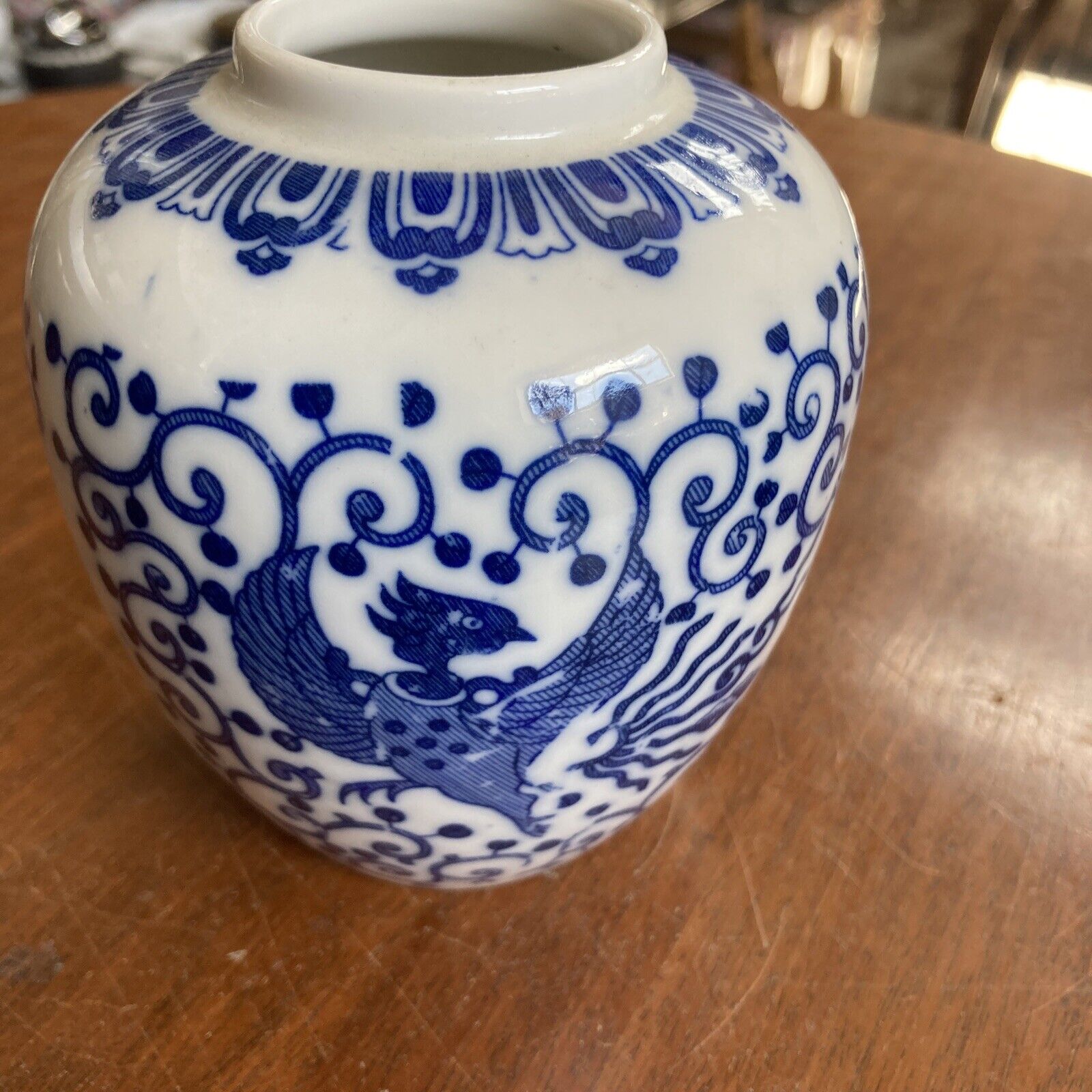 Antique Valuations: Blue Phoenix Blue and White Ginger Jar  4 1/4 High  - no Lid