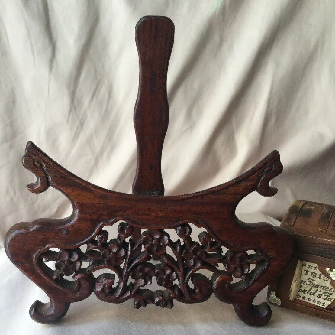 Antique Valuations: Old Chinese Sculpted Hardwood Wood Charger Plate Stand Rosewood Cherry Blossom