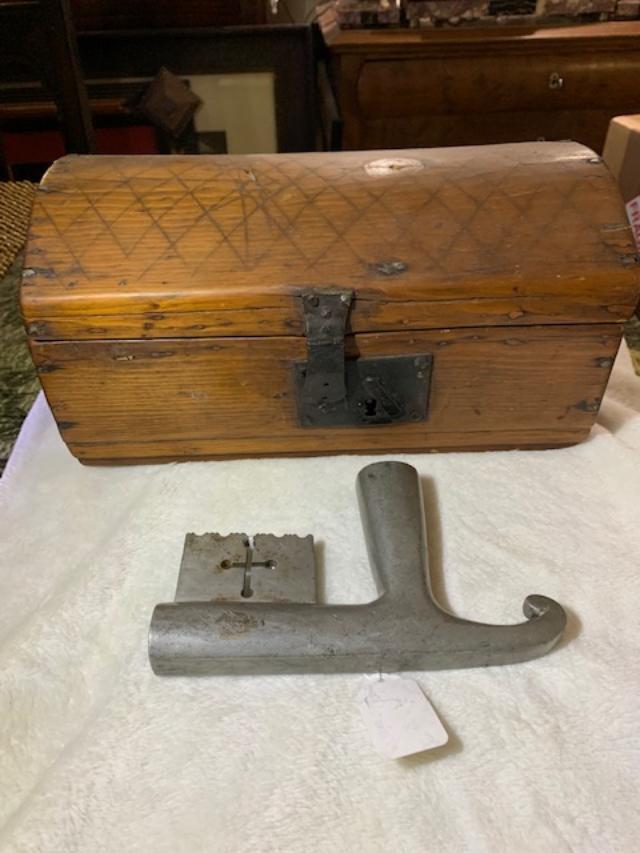 Antique Valuations: An early circa 1780's dimunitive  document box tin hinges rose head nails.