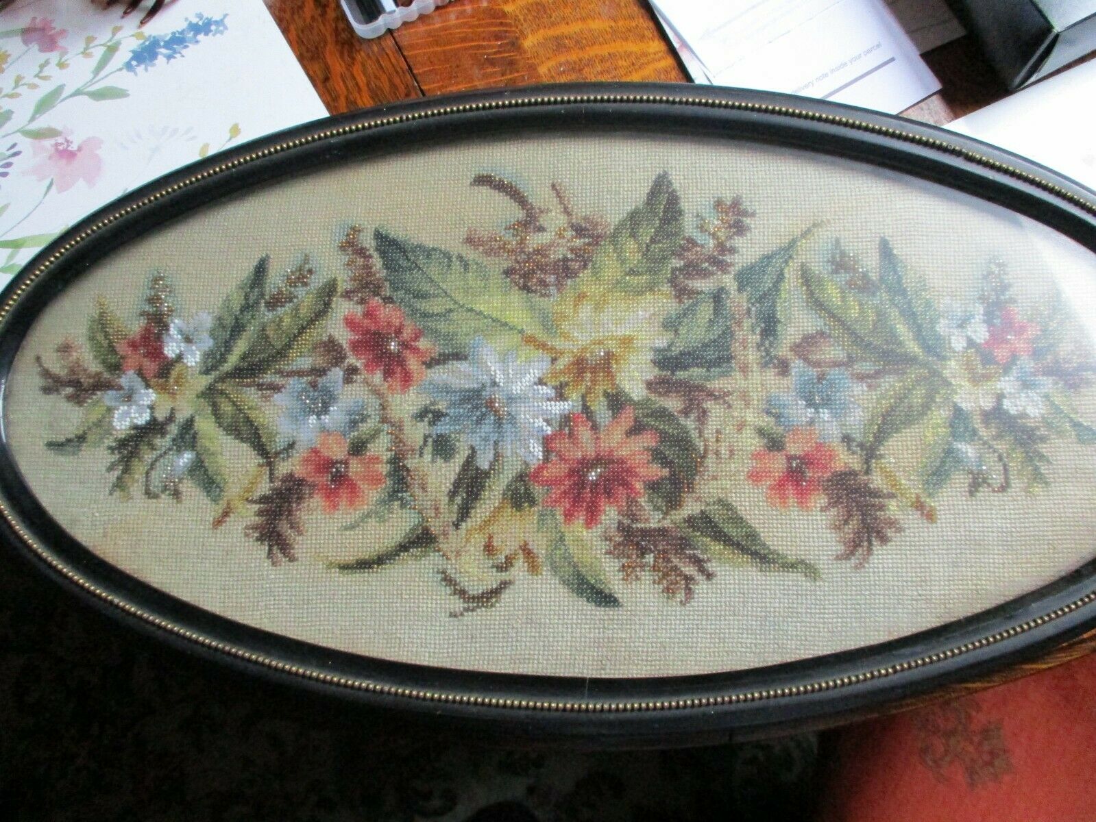 Antique Valuations: Large Victorian/Edwardian Embroidery Needlework/Beaded  Oval  Ebony Tray WOW