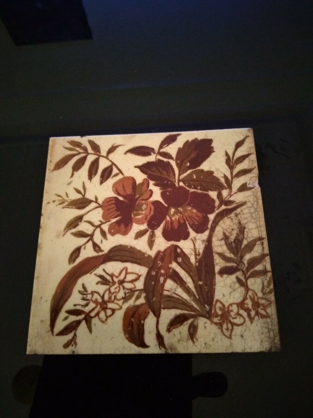 Antique Valuations: Antique Victorian Transfer Print Floral Tile circa 1880's