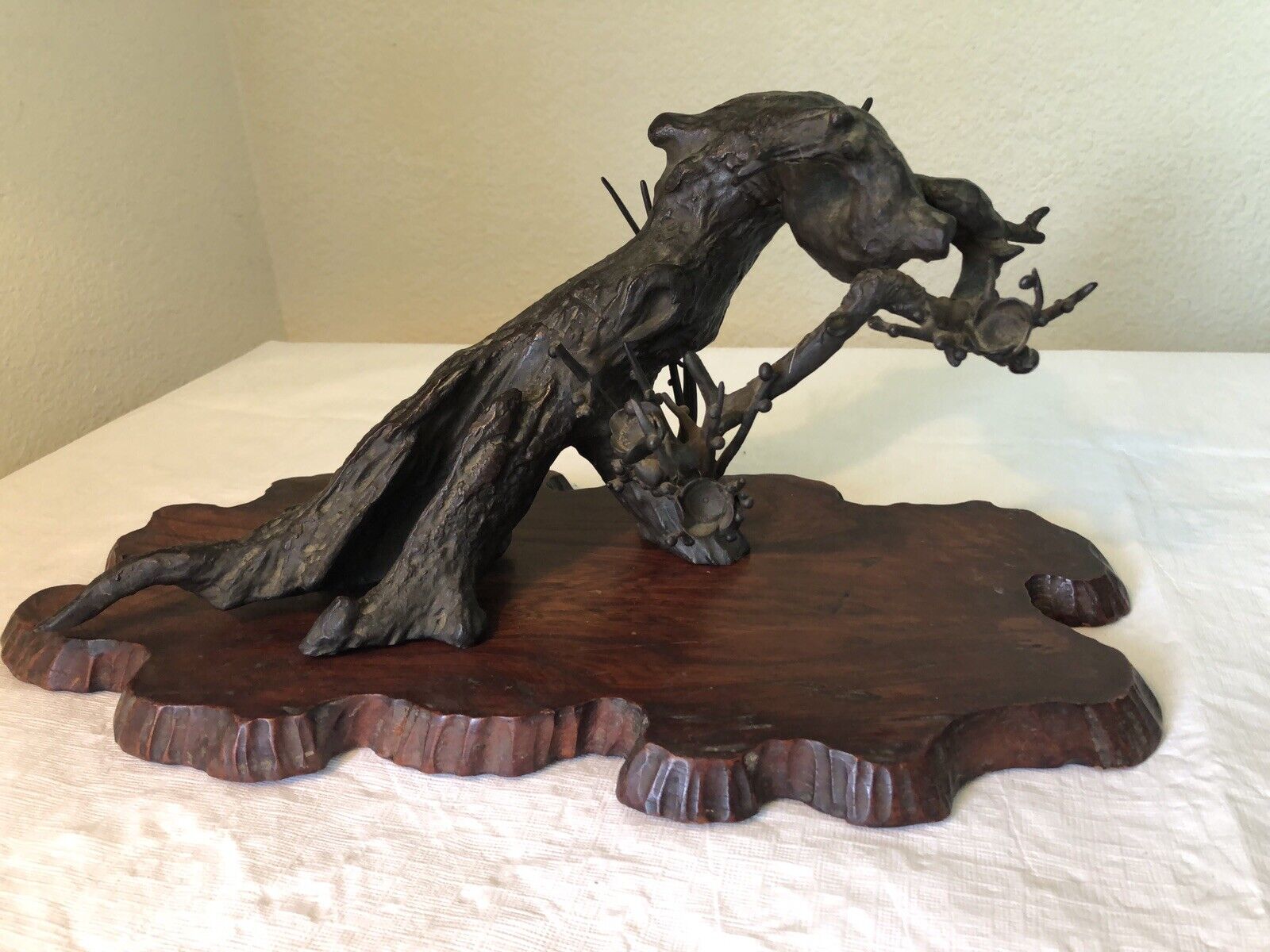 Antique Valuations: Antique Japanese Okimono/Statue Bronze Blossoming Palm Tree on Wood Stand