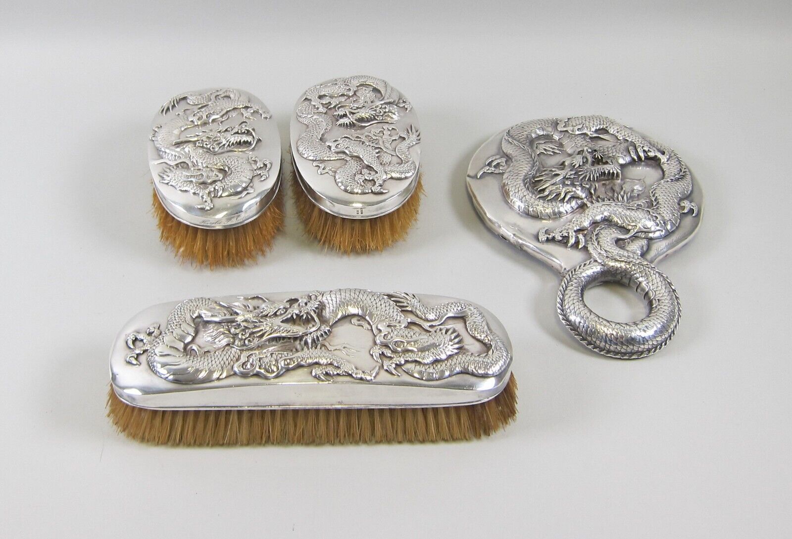 Antique Valuations: 4pc Japanese Meiji Period Sterling Dragon Brushes & Mirror Set Heavy Signed!