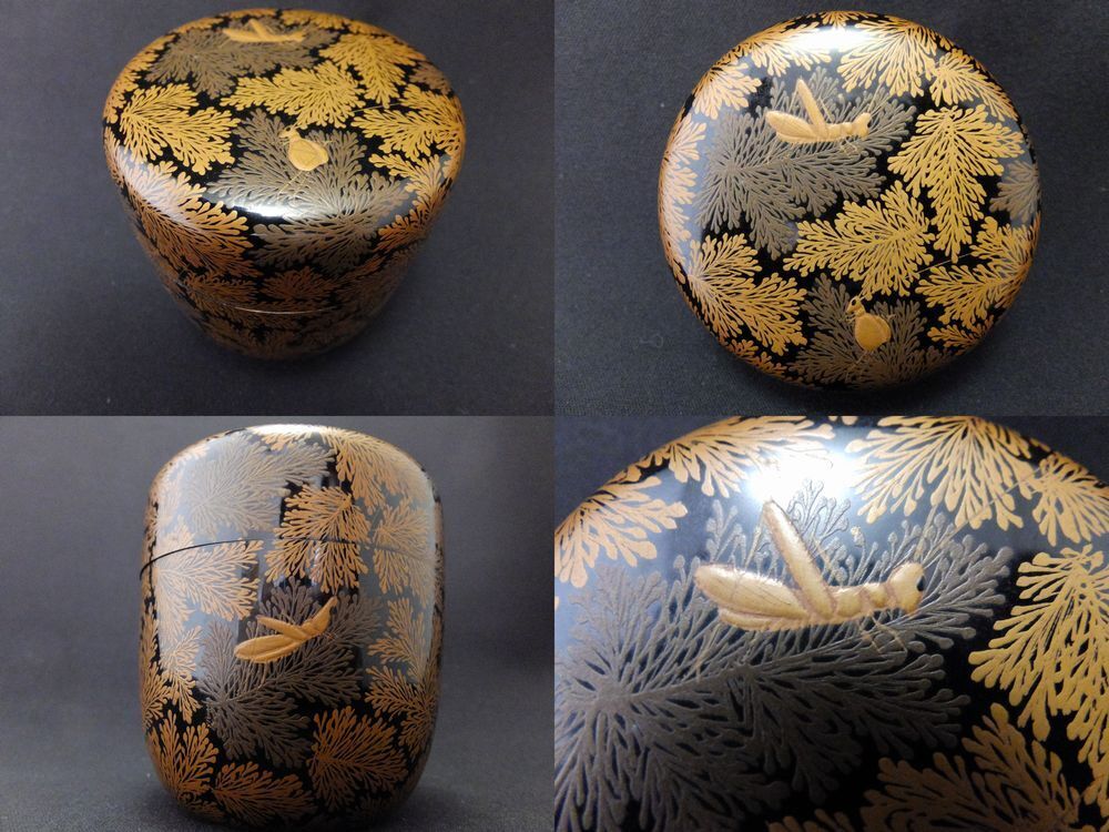 Antique Valuations: Japan Lacquer Wooden Tea caddy Insects in Fern design in makie Chu-Natsume (804)