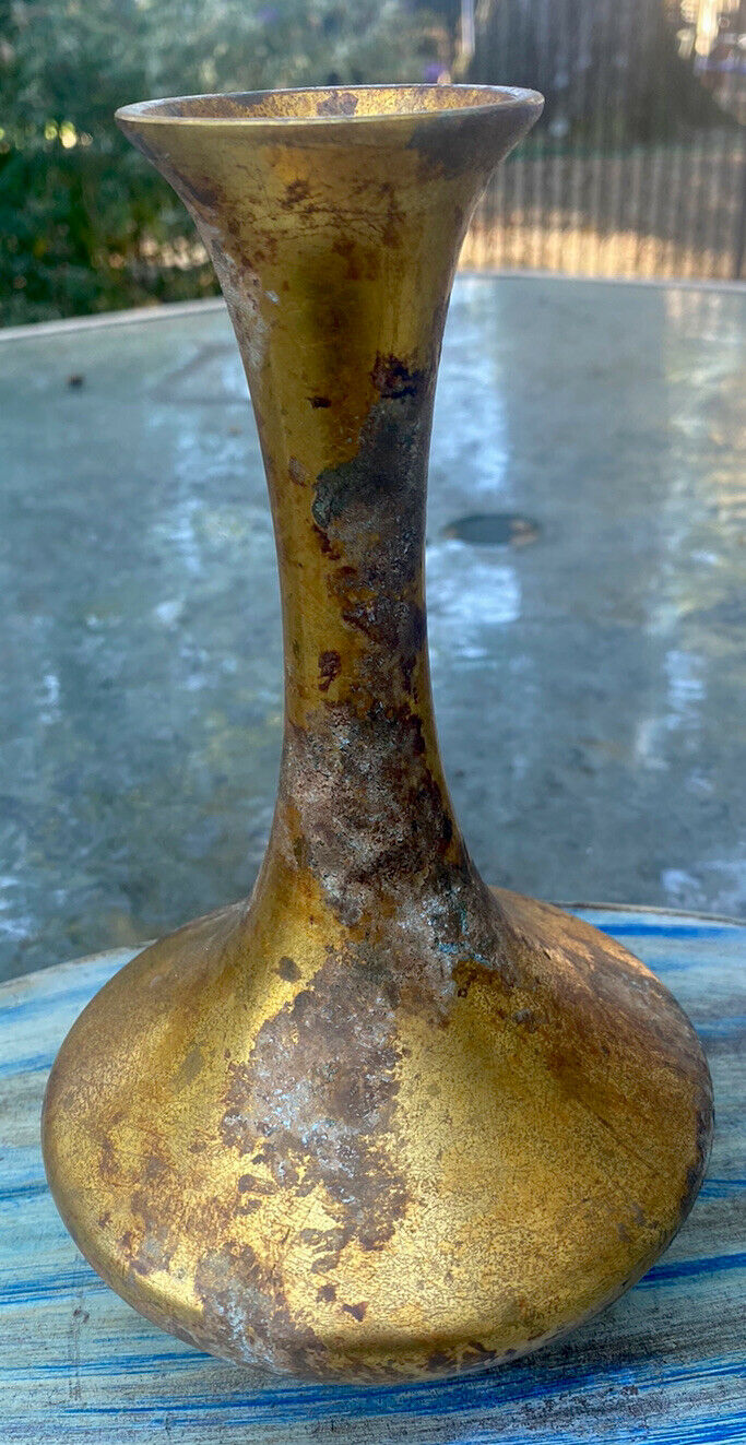 Antique Valuations: Antique Tibetan Flower Vase 8 1/2”  H Bronze With Gold Gilt Applied