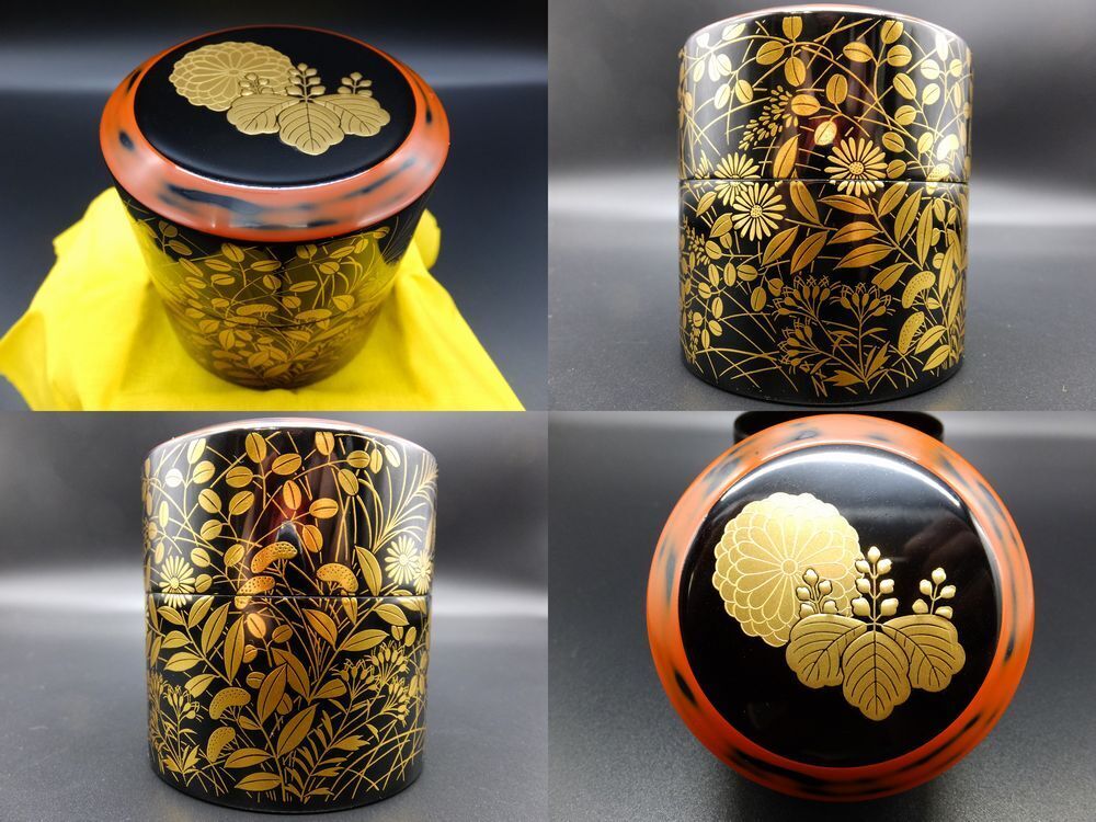 Antique Valuations: Japanese Lacquer Wooden Tea caddy Gorgeous Autumn flowers makie Chaki  (829)