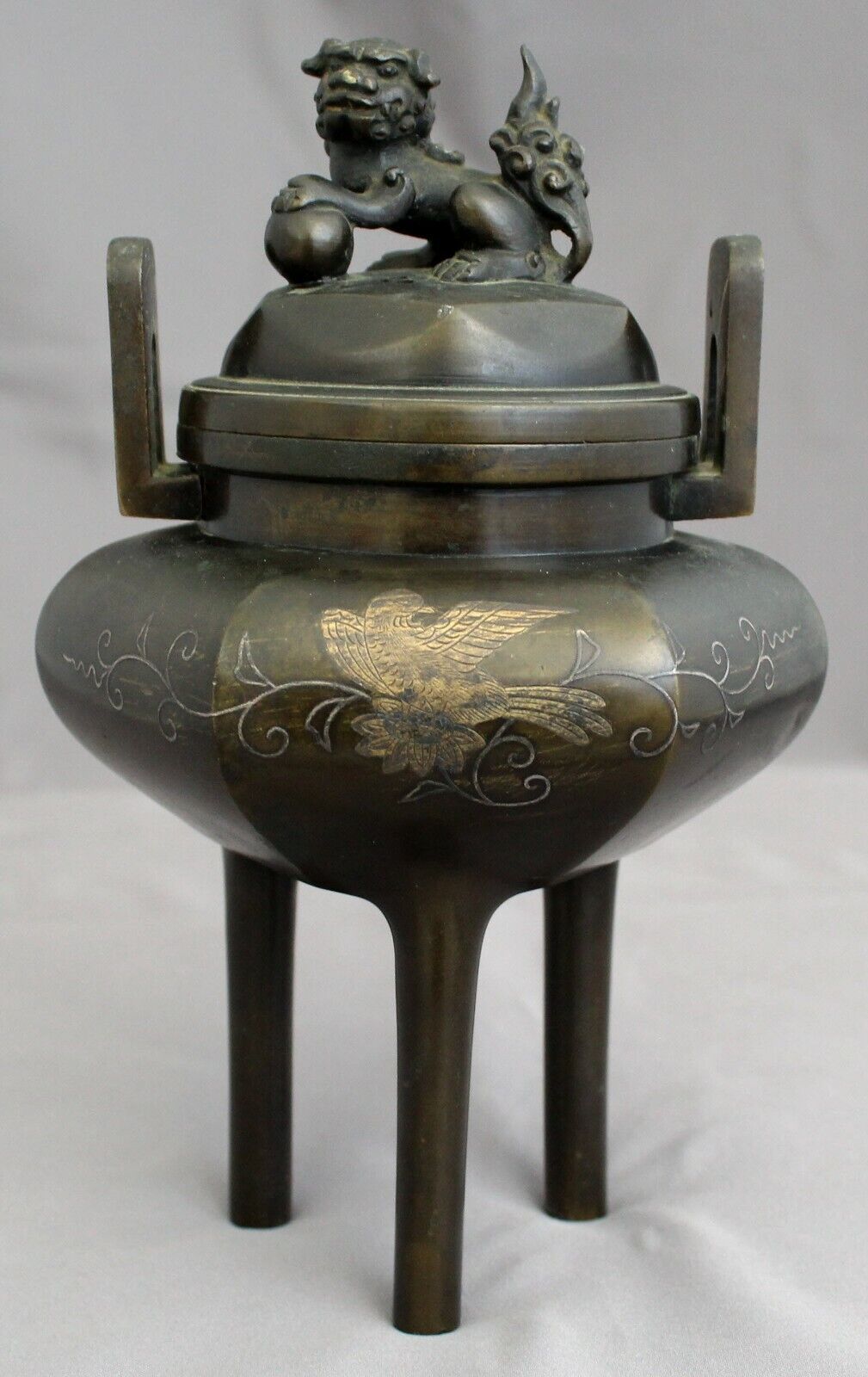 Antique Valuations: Japanese Meiji Wire Inlay Bronze Tripod Censer Incense Burner Shishi Finial
