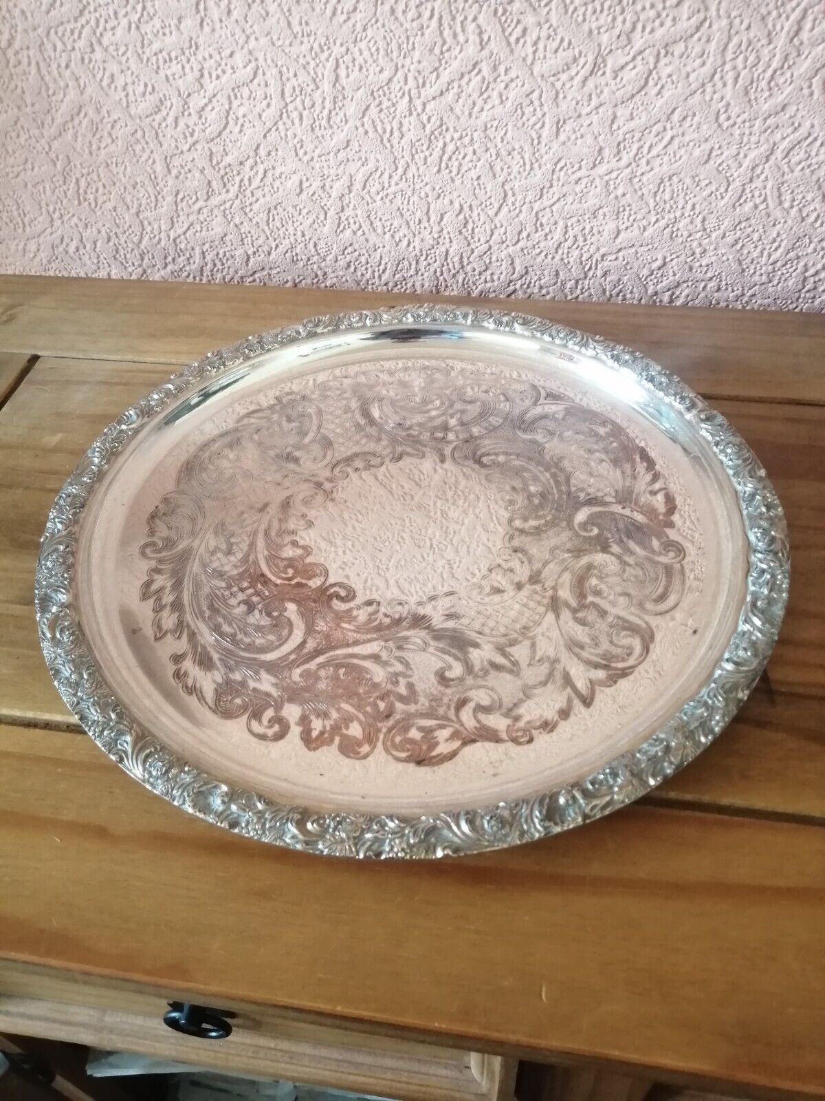 Antique Valuations: Large Antique Serving Tray, Silver Plate on Copper