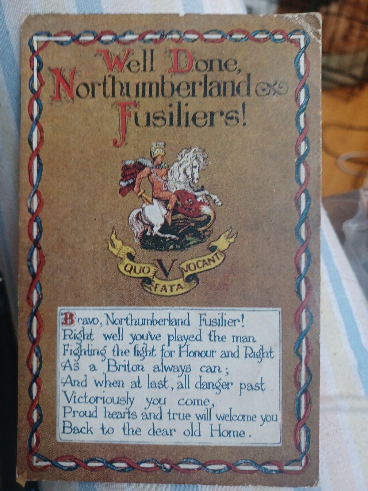 Vintage Service Northumberland Fusiliers. Postal Date 1917 Ww1 Military Army