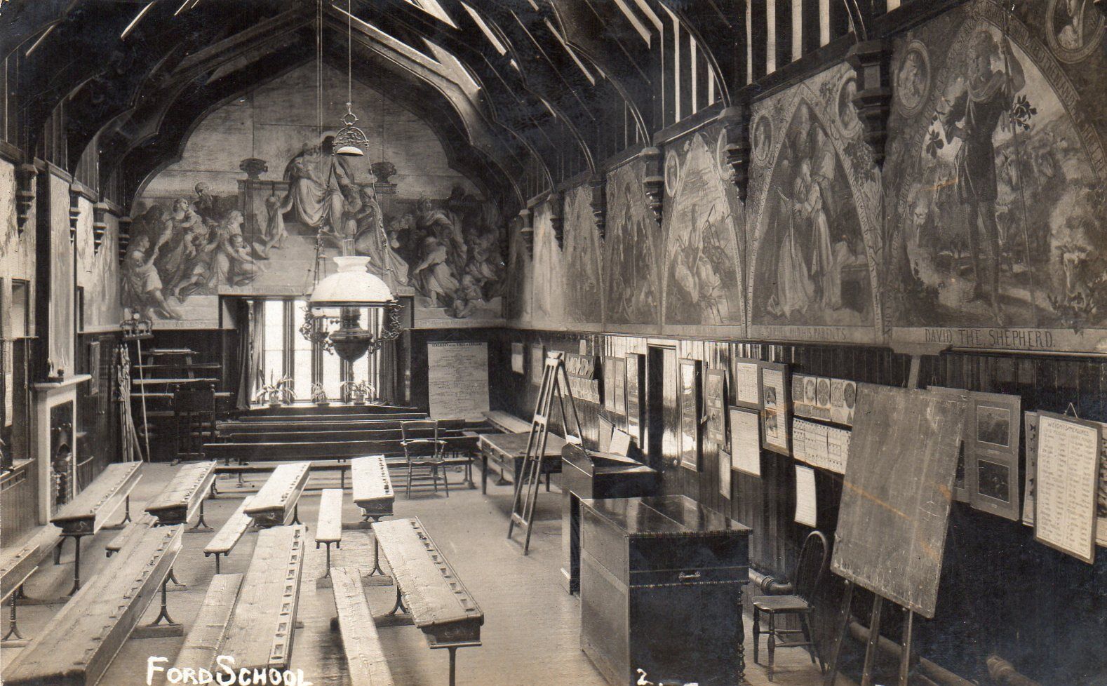 r.p. service: interior of Lady Waterford Hall, Berwick on Tweed, 1908 postmark