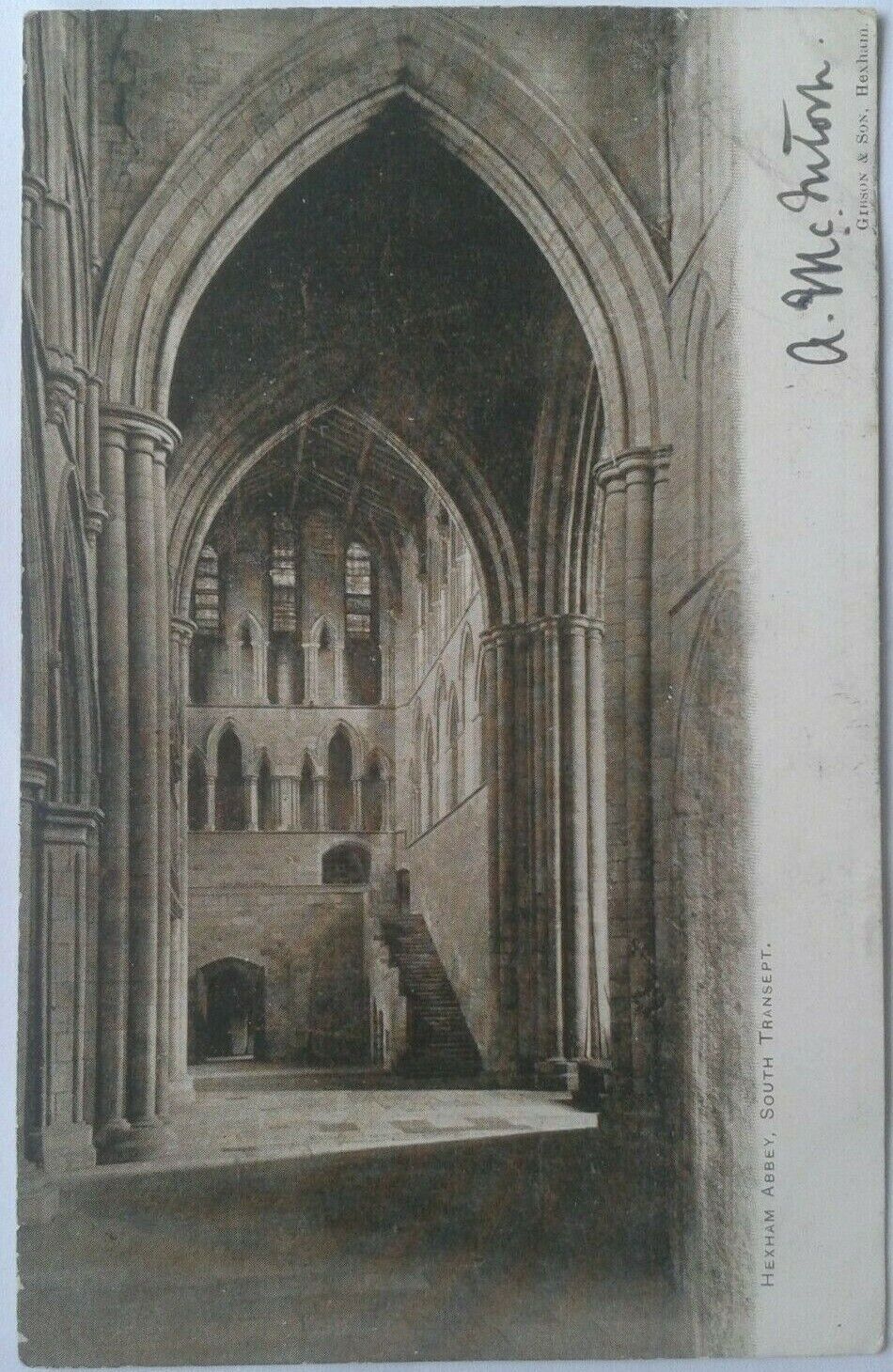 House Clearance - 1 OLD POSTCARD OF HEXHAM ABBEY , SOUTH TRANSEPT  postally used 1902